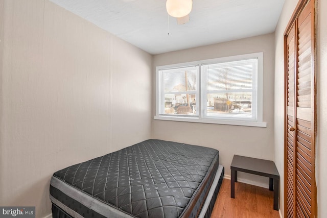 bedroom with wood-type flooring and ceiling fan