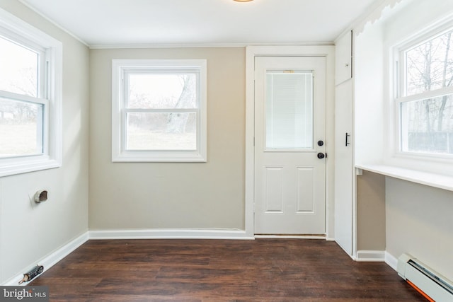 doorway to outside with crown molding, baseboard heating, and dark wood-type flooring