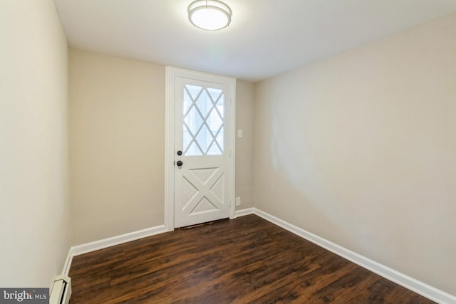 doorway to outside with a baseboard radiator and dark wood-type flooring