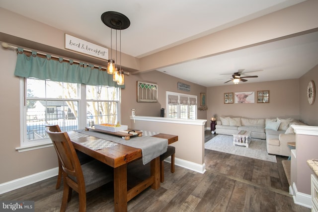 dining space featuring ceiling fan and dark wood-type flooring