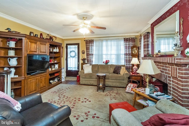 living room featuring crown molding, a brick fireplace, and a wealth of natural light