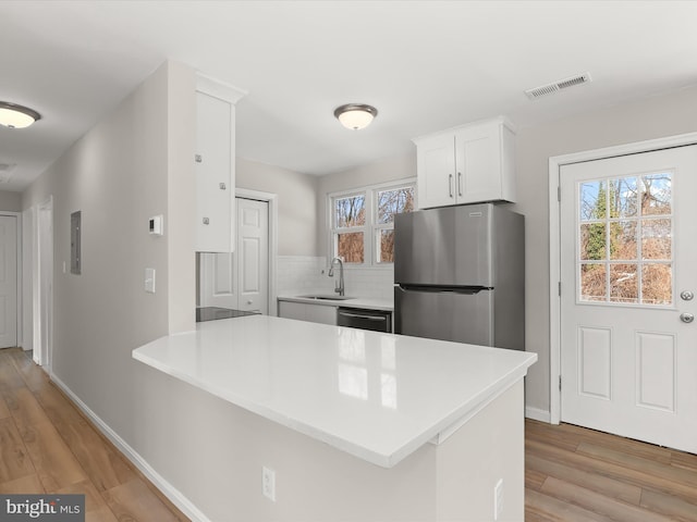 kitchen featuring white cabinets, stainless steel appliances, sink, and kitchen peninsula