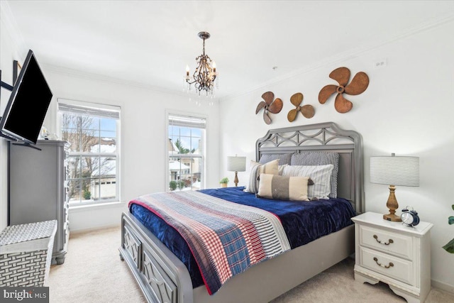 bedroom with multiple windows, crown molding, light colored carpet, and a notable chandelier