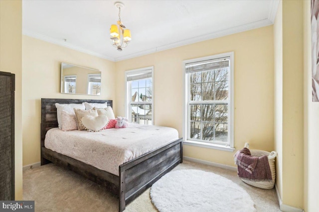 bedroom with ornamental molding, light carpet, and a notable chandelier