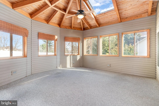 unfurnished sunroom with ceiling fan, lofted ceiling with skylight, and wooden ceiling