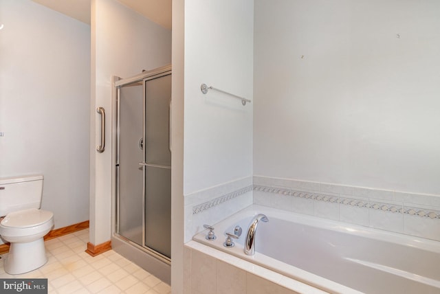 bathroom featuring a shower stall, toilet, and a bath