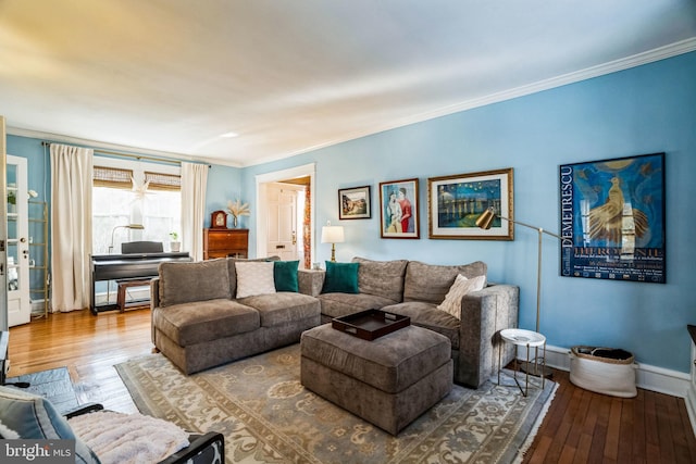 living room featuring wood-type flooring and ornamental molding