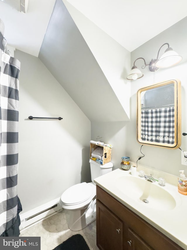 bathroom featuring a baseboard radiator, tile patterned flooring, vanity, toilet, and vaulted ceiling