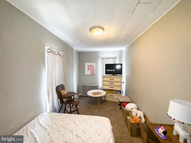 interior space featuring radiator heating unit and dark colored carpet