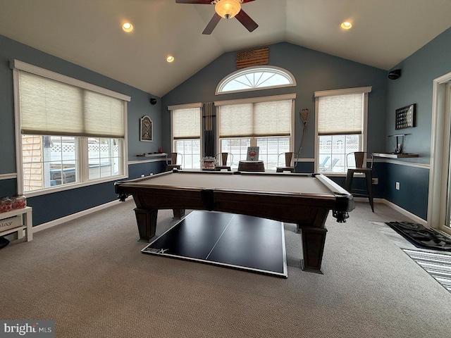 rec room with ceiling fan, pool table, and carpet flooring