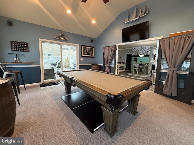 game room featuring ceiling fan, carpet, billiards, and vaulted ceiling