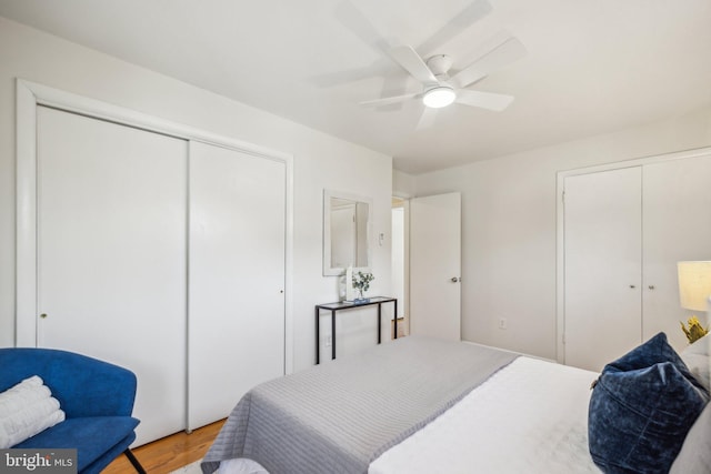 bedroom featuring multiple closets, ceiling fan, and wood-type flooring