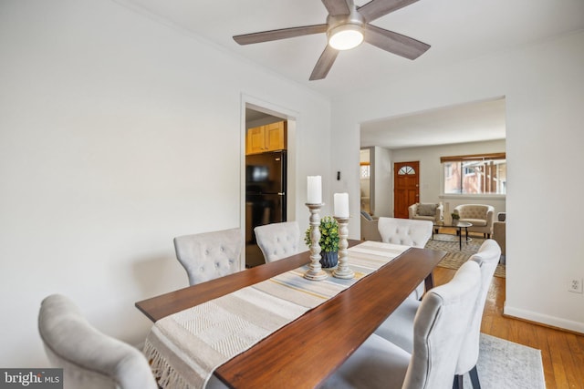 dining space with ceiling fan and light wood-type flooring