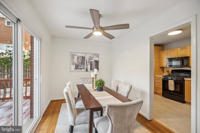 dining room with crown molding, light hardwood / wood-style flooring, and ceiling fan