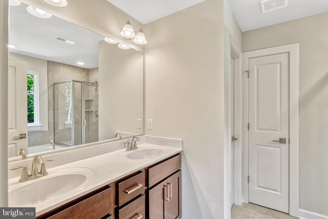 bathroom with vanity, independent shower and bath, and tile patterned flooring