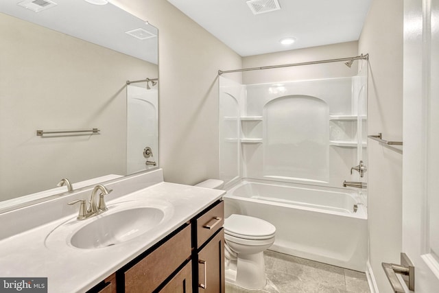 full bathroom with toilet, tub / shower combination, and vanity