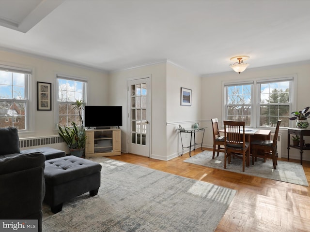 living room with ornamental molding