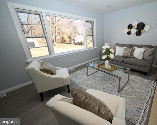 living room with dark hardwood / wood-style floors