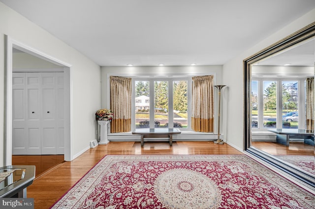 living area with light wood-type flooring, a wealth of natural light, and a baseboard radiator