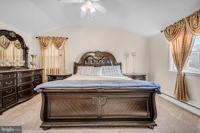 bedroom with ceiling fan, light colored carpet, lofted ceiling, and baseboard heating