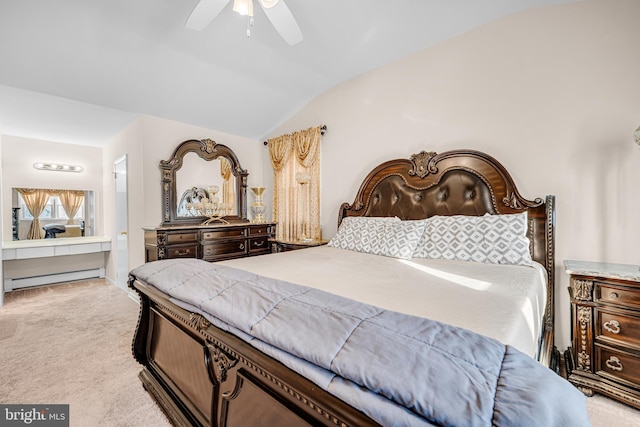 bedroom with light colored carpet, vaulted ceiling, ceiling fan, and a baseboard heating unit