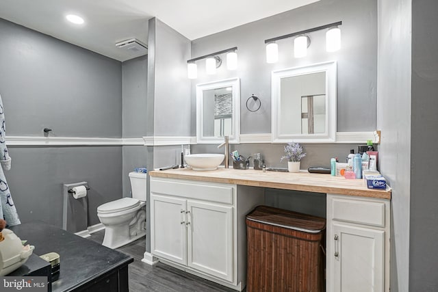 bathroom featuring vanity, wood-type flooring, and toilet