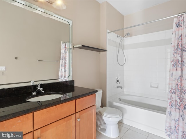 full bathroom with shower / tub combo, vanity, toilet, and tile patterned flooring