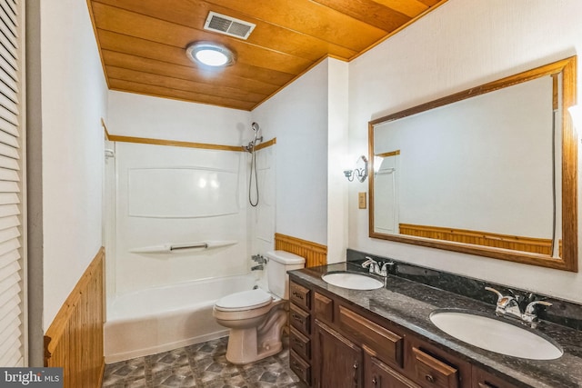 full bathroom with wood ceiling, vanity, toilet, wood walls, and shower / bathtub combination