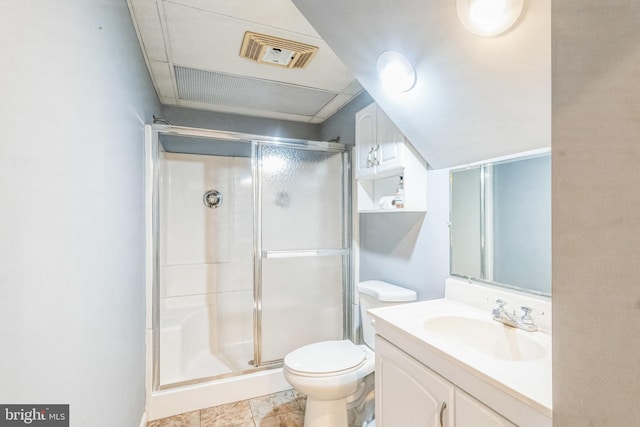 bathroom featuring toilet, walk in shower, and vanity