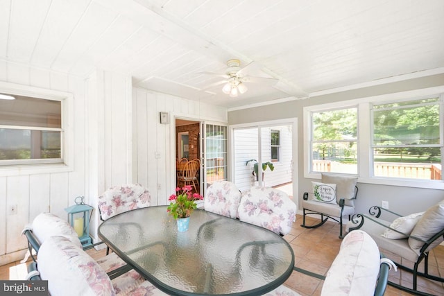 sunroom / solarium featuring beamed ceiling, ceiling fan, and wood ceiling