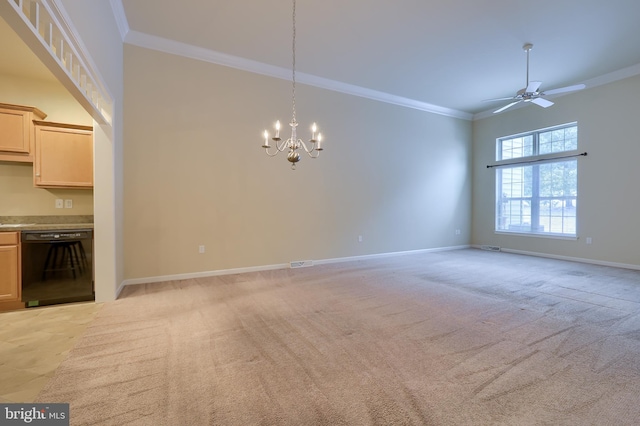 interior space featuring light carpet, ceiling fan with notable chandelier, ornamental molding, and a high ceiling