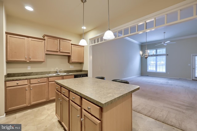 kitchen with sink, a center island, ornamental molding, pendant lighting, and light colored carpet