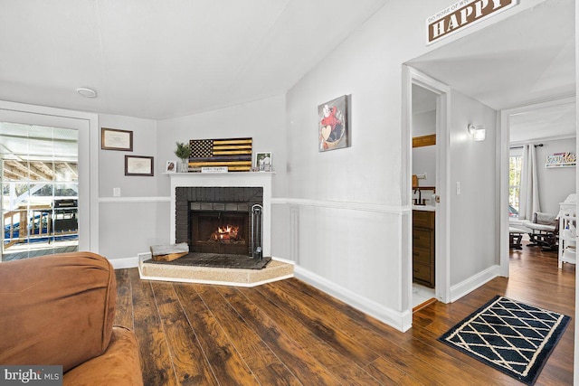 living room with wood-type flooring, a fireplace, and vaulted ceiling