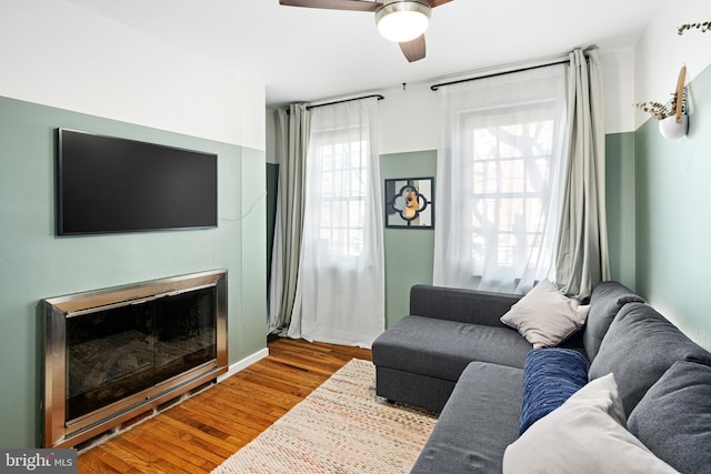 living room featuring ceiling fan and wood-type flooring