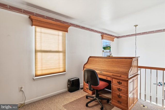 home office featuring ornamental molding and carpet