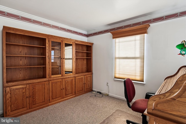 office space featuring crown molding and light carpet