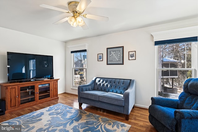 living room featuring ceiling fan and dark wood-type flooring