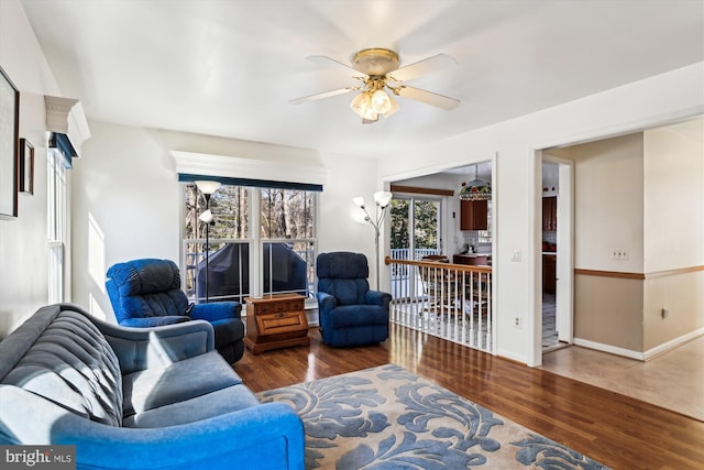 living room with ceiling fan and wood-type flooring