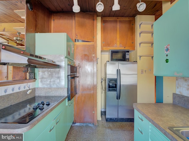 kitchen with black appliances and wooden ceiling