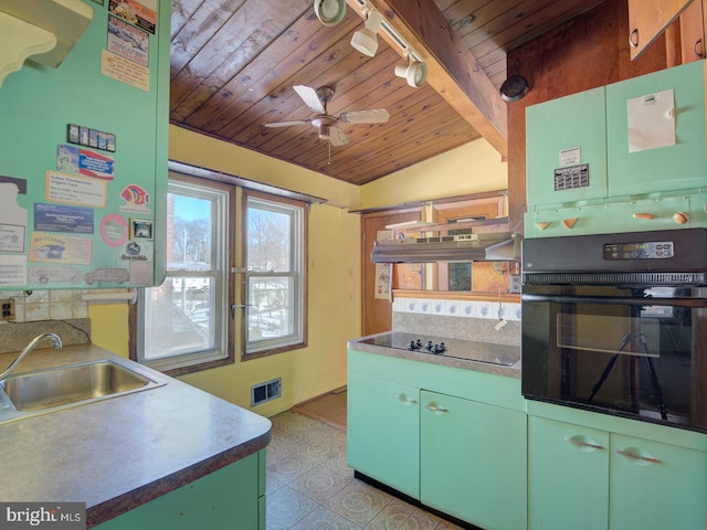 kitchen featuring sink, rail lighting, black appliances, and wood ceiling