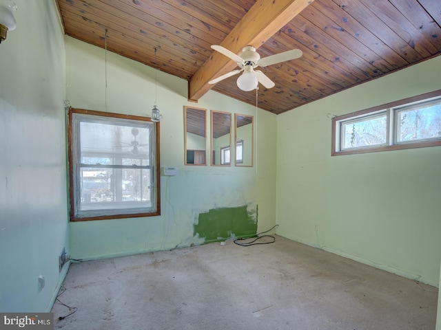 unfurnished room with ceiling fan, wooden ceiling, and lofted ceiling with beams