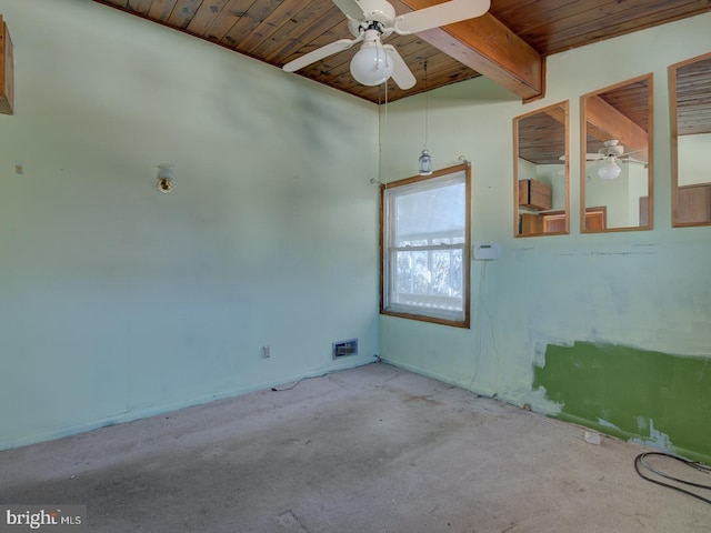 empty room featuring wooden ceiling, beam ceiling, and ceiling fan