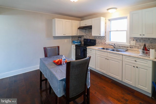 kitchen featuring black / electric stove, dark hardwood / wood-style floors, decorative backsplash, white cabinets, and sink