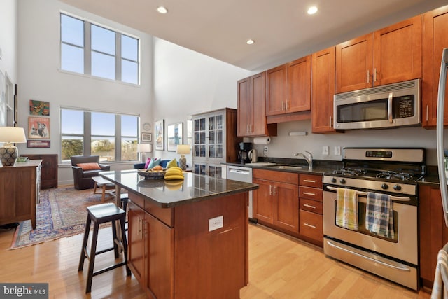 kitchen with light wood-type flooring, a breakfast bar area, stainless steel appliances, and a center island