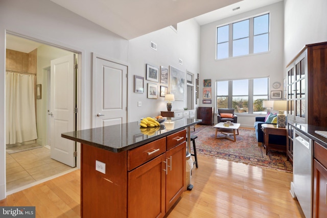 kitchen with light hardwood / wood-style flooring, a center island, dark stone counters, stainless steel dishwasher, and a high ceiling