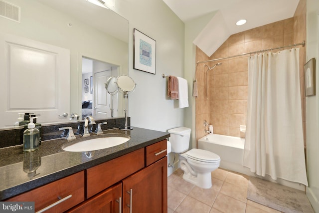 full bathroom with toilet, shower / bath combo, tile patterned flooring, and vanity