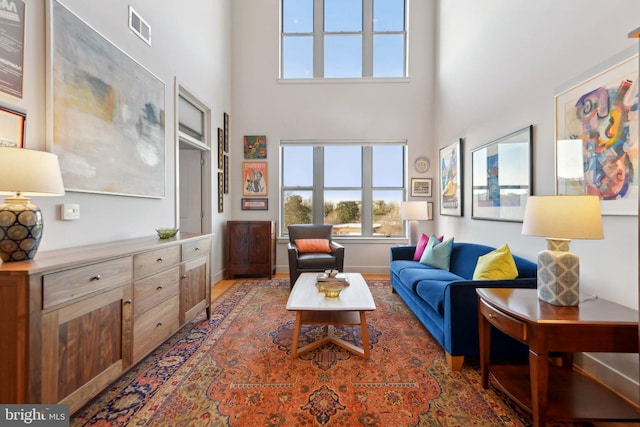 living room featuring a towering ceiling