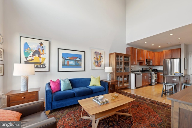 living room featuring a high ceiling and light hardwood / wood-style floors