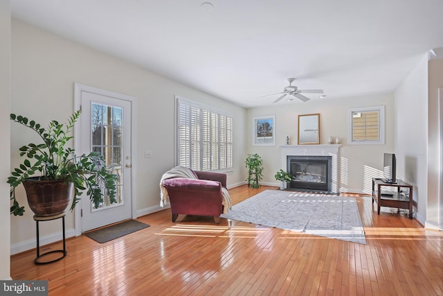 living room featuring ceiling fan and light wood-type flooring