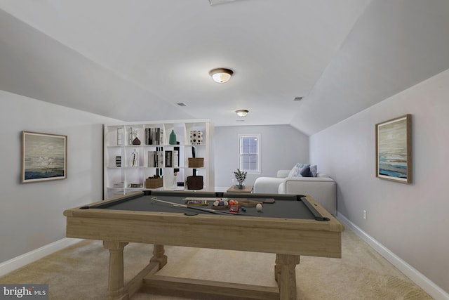 rec room featuring pool table, light colored carpet, and vaulted ceiling